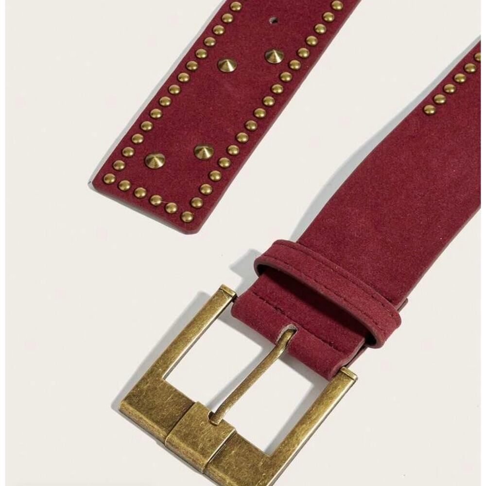 NWT Wine Burgundy Faux Suede Studded Belt Designer Inspired Vintage Western Boho - Picture 8 of 8